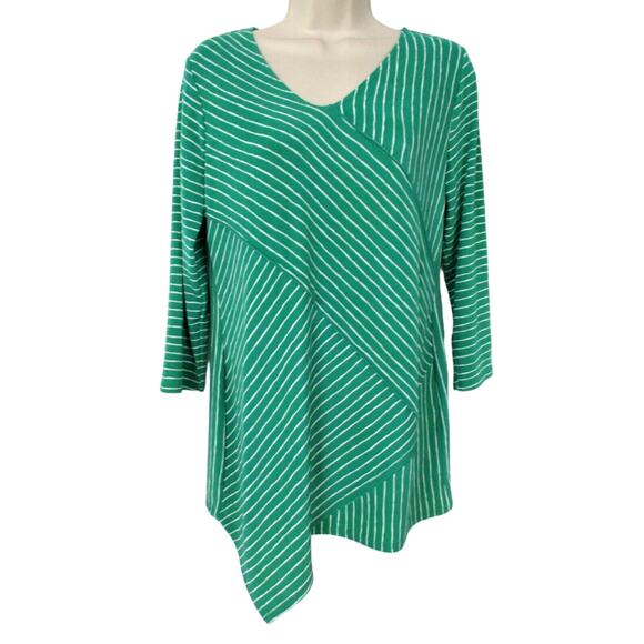 Chicos Travelers Top Size 0 Small Green White Stripe Asymmetric V Neck Faux Wrap - Picture 1 of 13